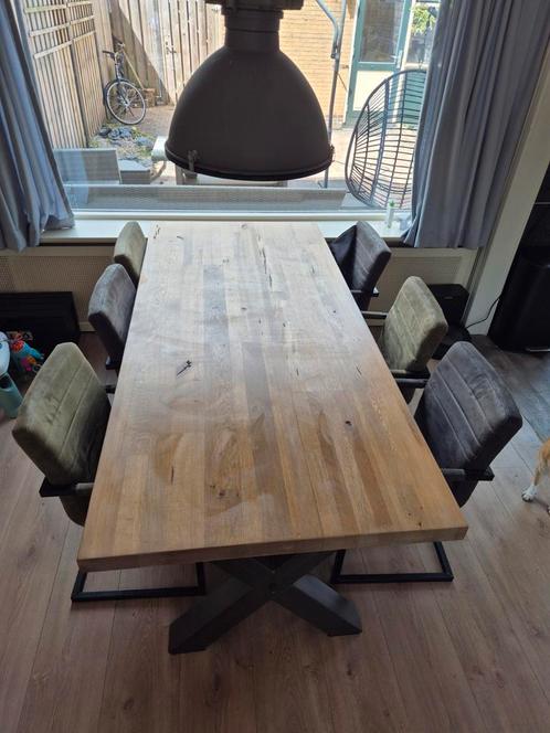 Massieve houten tafel met 2x x poten + 6 stoelen, Huis en Inrichting, Tafels | Eettafels, Gebruikt, 50 tot 100 cm, 200 cm of meer