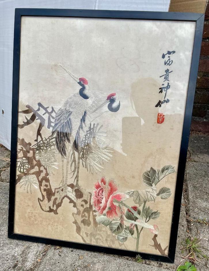 Aziatisch kunstwerk Kraanvogels op rijstpapier, Antiek en Kunst, Kunst | Niet-Westerse kunst, Ophalen