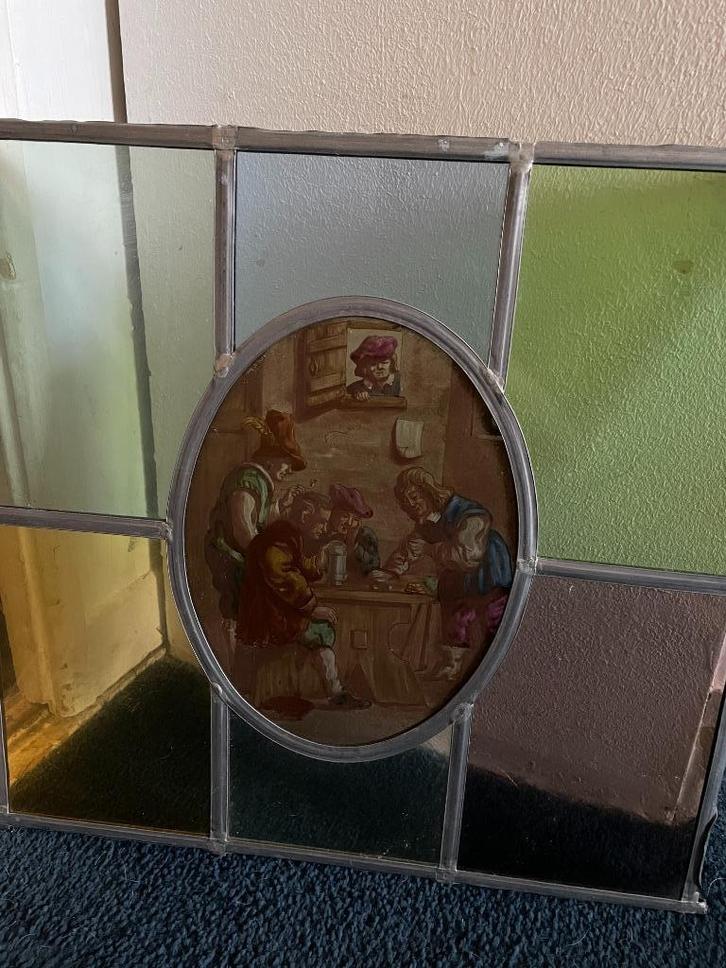 Glas in Lood paneel met 18e eeuws tafereel, Antiek en Kunst, Antiek | Glas en Kristal, Ophalen of Verzenden