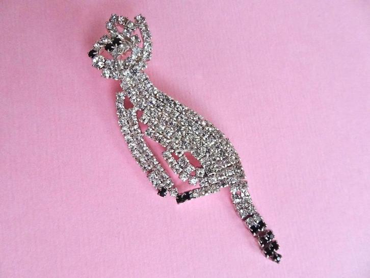 jwg Vintage 80s strass broche kat katten poes kristal glas, Sieraden, Tassen en Uiterlijk, Antieke sieraden, Broche, Overige materialen