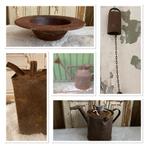 Brocante roestige petroleumkan - schaal - koeienbel - gieter, Ophalen of Verzenden