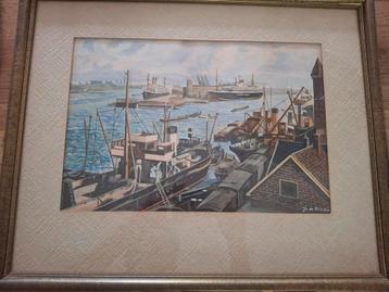 aquarel Waalhaven Rotterdam jaren 50 60  beschikbaar voor biedingen