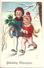 Gelukkig Nieuwjaar*2 blije kindjes*Hoefijzer*Klavertje 4-oud, Verzamelen, Ansichtkaarten | Themakaarten, Ophalen of Verzenden