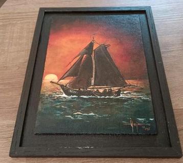 Vintage Zeilschip Schilderij - Ondergaande Zon beschikbaar voor biedingen