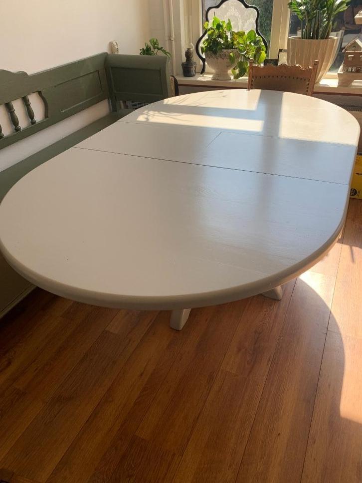 Tafel ovaal uitklapbaar grijs brocante klassiek, Huis en Inrichting, Tafels | Eettafels, Gebruikt, 50 tot 100 cm, 100 tot 150 cm
