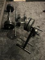 Set gewichten en stangen dumbels en gewicten rek fitness, Sport en Fitness, Ophalen of Verzenden, Zo goed als nieuw, Benen