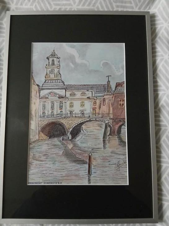 Gemengde tekening stadhuis Dordrecht., Antiek en Kunst, Kunst | Tekeningen en Foto's, Ophalen of Verzenden