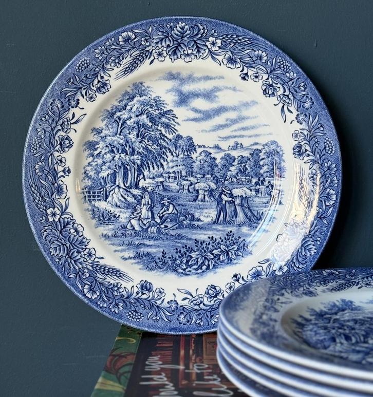 Churchill England 6 dinerborden blauw wit oogstlandschap, Huis en Inrichting, Keuken | Servies, Bord(en), Overige stijlen, Ophalen of Verzenden