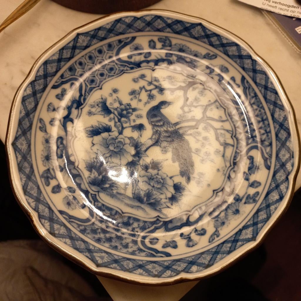 Antiek blauw-wit bord met vogelmotief, Ophalen of Verzenden