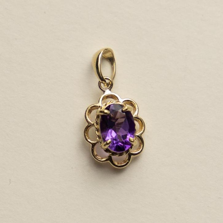 Vintage 9 karaat gouden amethist edelsteen ketting hanger, Sieraden, Tassen en Uiterlijk, Kettinghangers, Zo goed als nieuw, Goud