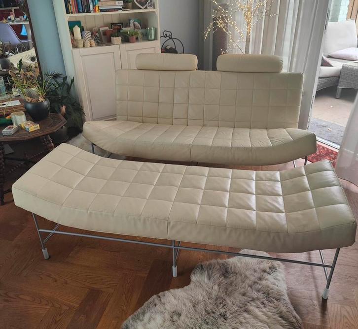 Leolux bank Volare, met hocker beige leer. Design bank., Huis en Inrichting, Banken | Sofa's en Chaises Longues, Zo goed als nieuw