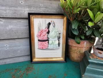 Antieke modeprent modeschilderij met echte stof! Miekje's  beschikbaar voor biedingen