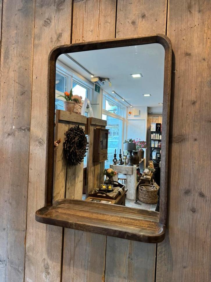 Mooie grote houten spiegel met plateau, Huis en Inrichting, Woonaccessoires | Spiegels, Nieuw, Minder dan 50 cm, Minder dan 100 cm