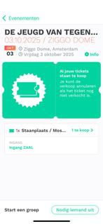 1 x STAANPLAATS De Jeugd van Tegenwoordig 3 OKT @ Ziggo Dome, Tickets en Kaartjes, Overige Tickets en Kaartjes, Eén persoon