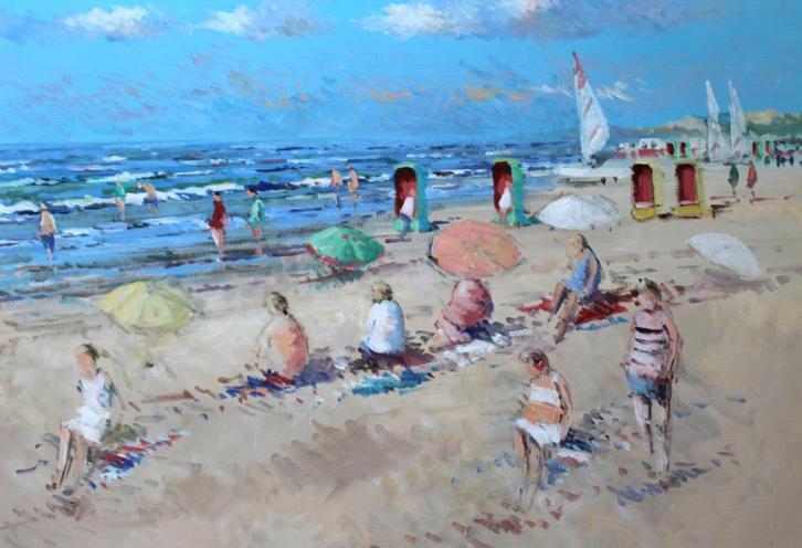 VAN NOORT , ZONNIG STRANDGEZICHT ZANDVOORT - GROOT, Antiek en Kunst, Kunst | Schilderijen | Klassiek, Ophalen