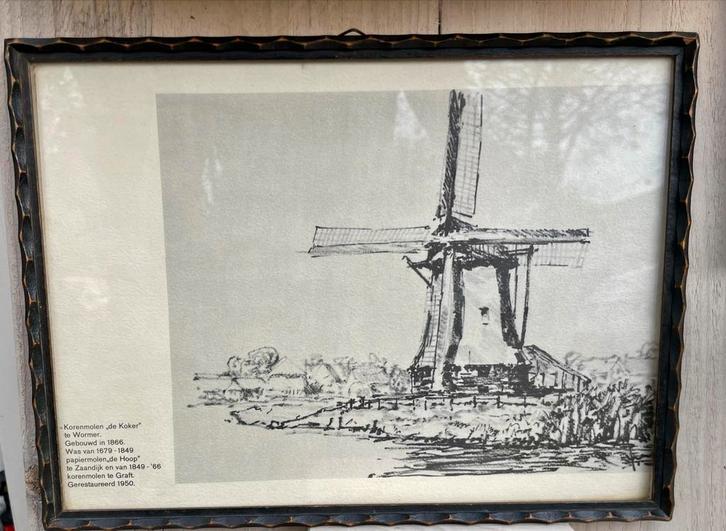 Oude prent van Korenmolen 'De Koker' te Wormer, Antiek en Kunst, Kunst | Tekeningen en Foto's, Ophalen of Verzenden