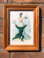 Vintage Prent met Houten Lijst - Humoristische Scène Kunstwe, Ophalen of Verzenden