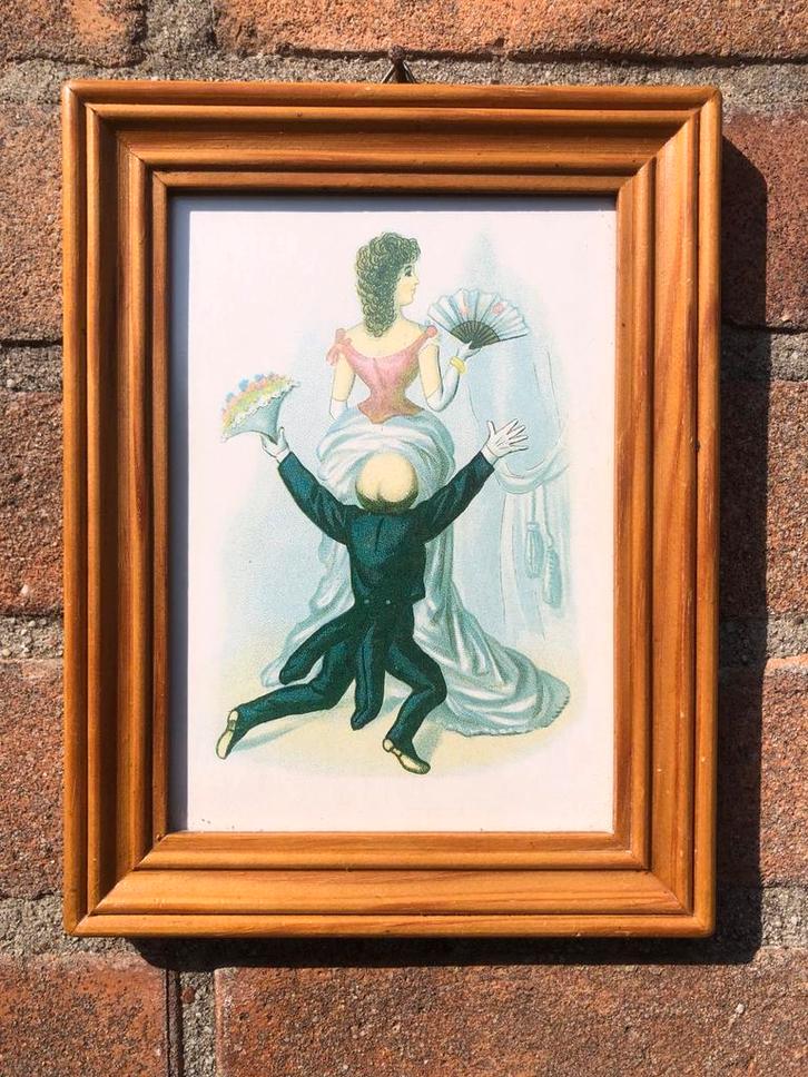 Vintage Prent met Houten Lijst - Humoristische Scène Kunstwe, Antiek en Kunst, Kunst | Tekeningen en Foto's, Ophalen of Verzenden