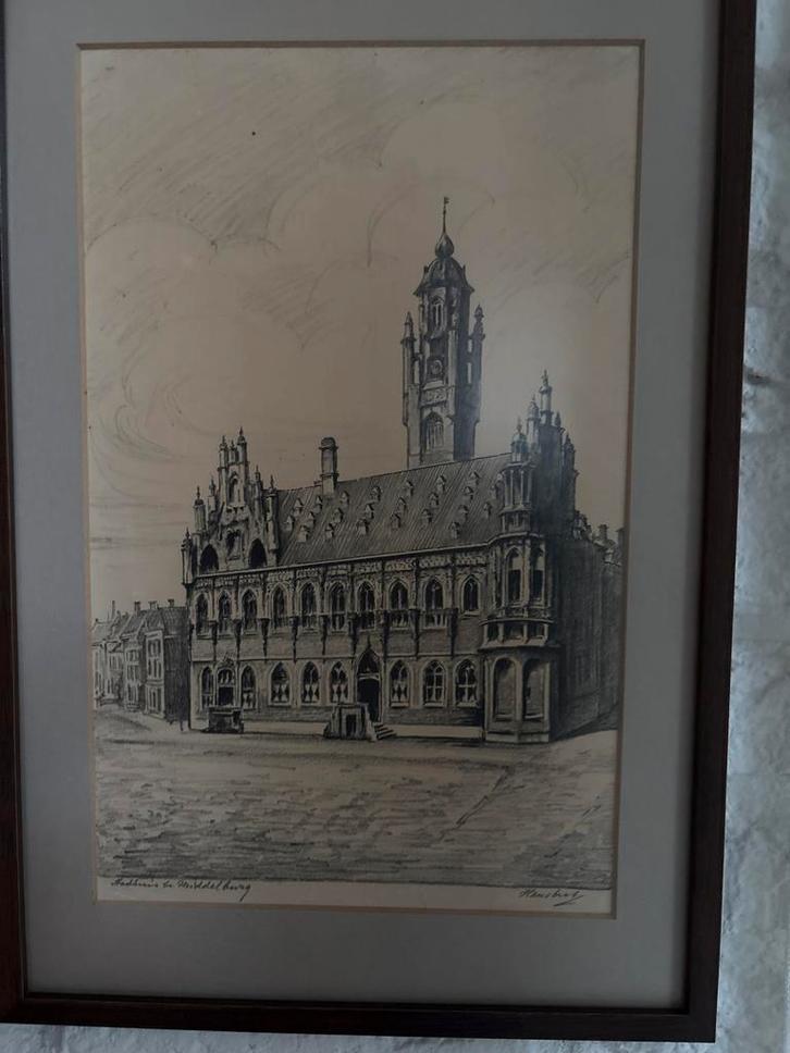 Stadhuis Middelburg - Ingelijste Tekening, Antiek en Kunst, Kunst | Etsen en Gravures, Ophalen of Verzenden