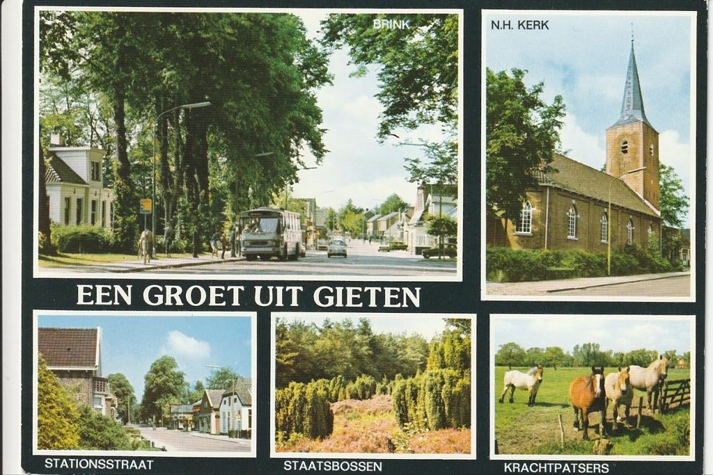 EEN GROET UIT GIETEN STATIONSSTRAAT NH KERK BRINK GADO BUS, Ophalen of Verzenden, 1980 tot heden, Gelopen, Drenthe