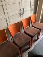 4 retro kleur stoelen, oranje hout en bruine stof, Huis en Inrichting, Stoelen, Vier, Gebruikt, Bruin, Hout