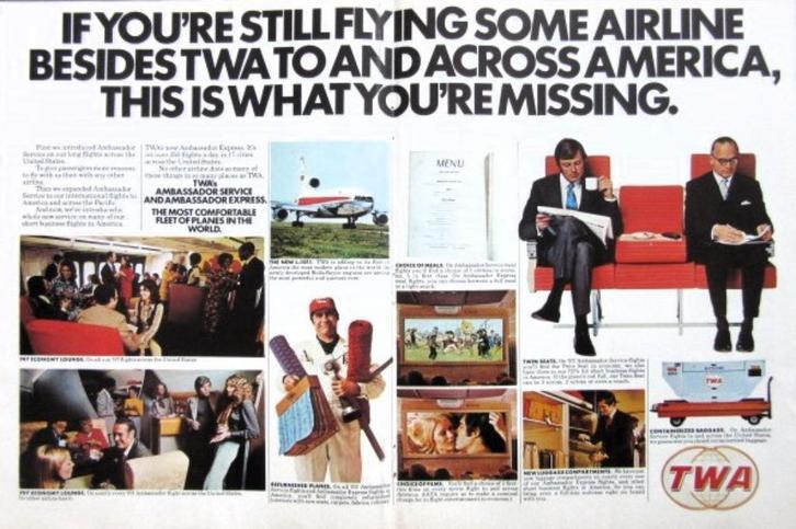 9 oude advertenties reclames TWA vliegmaatschappij 1968-72, Verzamelen, Luchtvaart en Vliegtuigspotten, Gebruikt, Boek of Tijdschrift