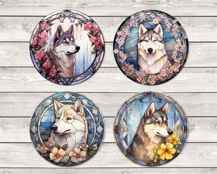 Husky Glas in Lood onderzetters met houder rond, Huis en Inrichting, Woonaccessoires | Onderzetters, Nieuw, Glas of Kopje, Ophalen of Verzenden