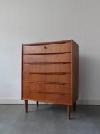 Vintage Deense ladekast in teak, Ophalen, 5 laden of meer, 100 tot 150 cm, 50 tot 100 cm