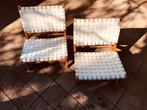 Teakhouten fauteuiltjes met wit leren banden, Huis en Inrichting, Fauteuils, Hout, 75 tot 100 cm, Zo goed als nieuw, 50 tot 75 cm