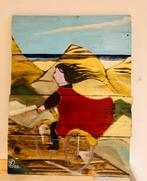 Schilderij: Fietsen aan zee. Acrylverf/hout. 40x55cm, Antiek en Kunst, Kunst | Schilderijen | Abstract, Ophalen of Verzenden