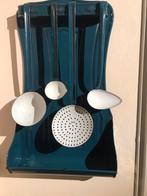 Brocante petrol blauw geëmailleerde lepelrek goudkl.bies, Ophalen of Verzenden