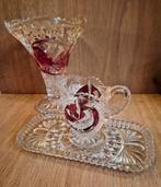 Prachtige glazen set met vogel, vaas met plateau en kannetje, Ophalen