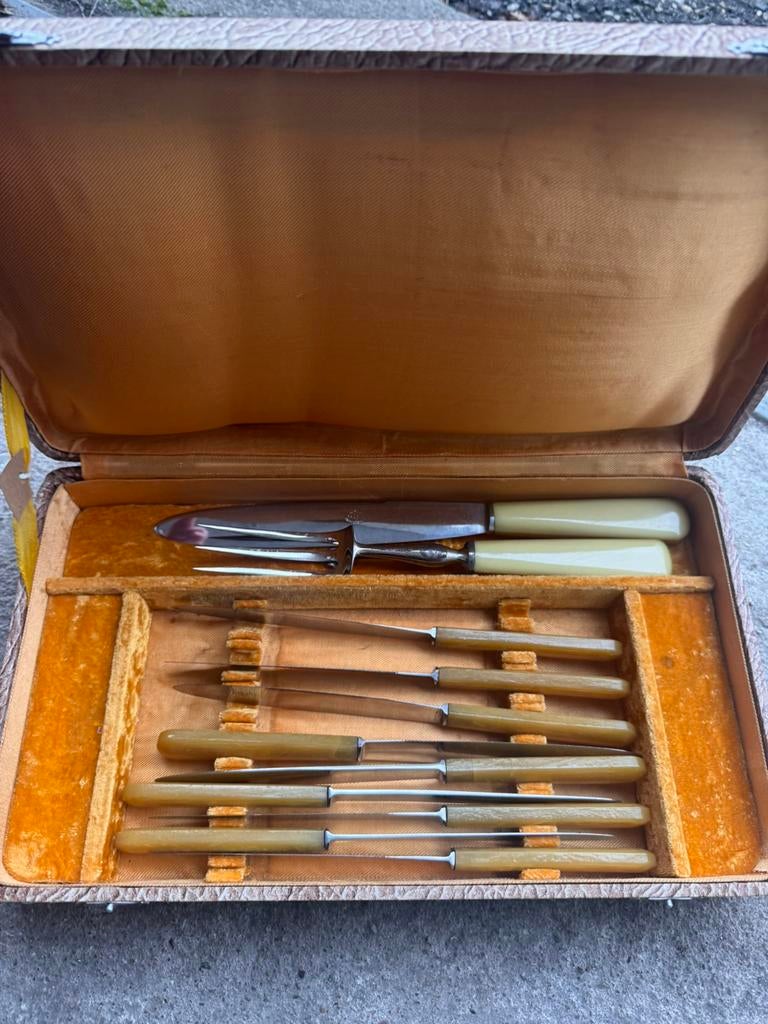 Oude JBS vleesmessen set met vlees bestek in doos, Antiek en Kunst, Antiek | Bestek, Ophalen of Verzenden