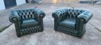 Delta Chesterfield Clubfauteuils - Groen Leder - Set van 2, Huis en Inrichting, Fauteuils, Ophalen, Gebruikt, Chesterfield, 75 tot 100 cm