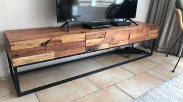 Unieke tv meubel mangohout staal 180cm met lades beschikbaar voor biedingen