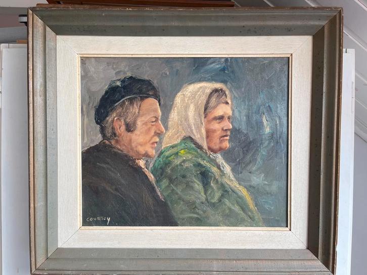 Charmant schilderij “Boer en Boerin” – Courtoy, Antiek en Kunst, Kunst | Schilderijen | Klassiek, Ophalen of Verzenden
