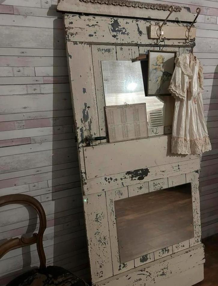 Antieke Franse brocante deur met spiegels. Passpiegel, Antiek en Kunst, Curiosa en Brocante, Ophalen