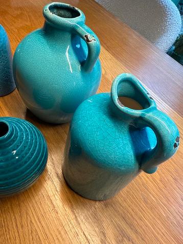 4 Turquoise/Blauwgroene Keramieken Vaasjes beschikbaar voor biedingen