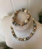 Ketting/armband set beige en bruinkleurige parellook kralen, Ophalen of Verzenden, Zo goed als nieuw, Zilver, Overige materialen