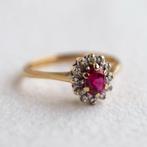 Vintage 9K gouden cluster ring met Robijn & Diamant - 16,25, Ophalen of Verzenden, Met edelsteen, Dame, Goud