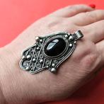 Vintage zilveren hanger Fatima hand - steen onyx 925 zilver, Ophalen of Verzenden, Zo goed als nieuw, Zilver, Zilver