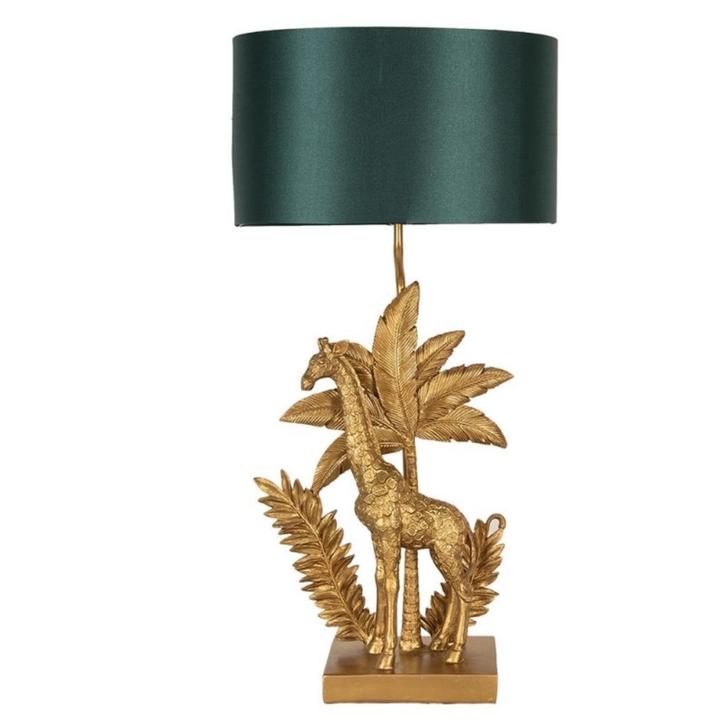 Gouden Giraffe Tafellamp met Donkergroene Kap, Huis en Inrichting, Lampen | Tafellampen, Nieuw, 50 tot 75 cm, Metaal, Overige materialen