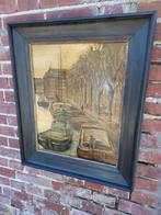 Schilderij stadsgracht met aangemeerde schepen., Antiek en Kunst, Kunst | Schilderijen | Klassiek, Ophalen of Verzenden