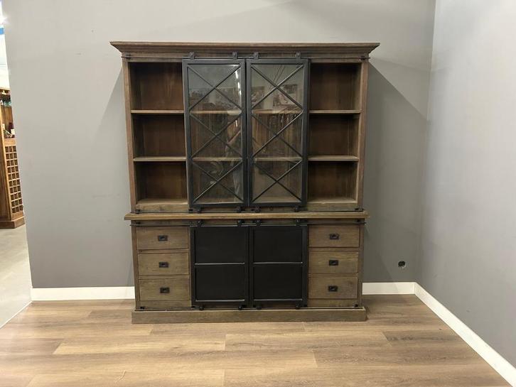 Teak vitrinekast 200 cm – Industrieel, Huis en Inrichting, Kasten | Vitrinekasten, Nieuw, 200 cm of meer, 25 tot 50 cm, Teakhout