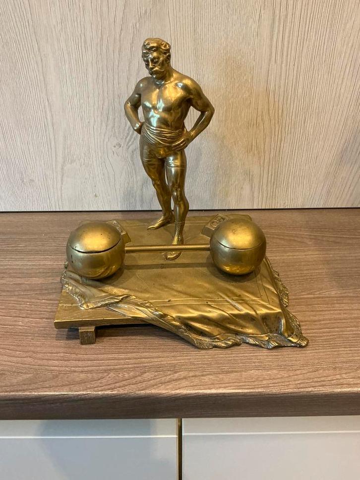 Antiek inktstel brons gewichtheffer gesigneerd, Antiek en Kunst, Antiek | Koper en Brons, Ophalen of Verzenden