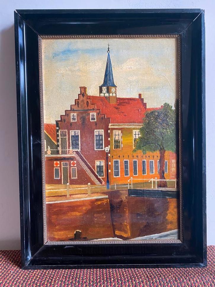 Stadsgezicht van het stadhuis in Balk, Friesland, Antiek en Kunst, Kunst | Schilderijen | Klassiek, Ophalen of Verzenden