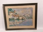 Stadszicht aan het Meer – Gesigneerd Aquarel op papier, Antiek en Kunst, Kunst | Tekeningen en Foto's, Ophalen