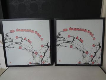 Twee bijpassende schilderijen met vogels, afmeting 53x53 cm beschikbaar voor biedingen