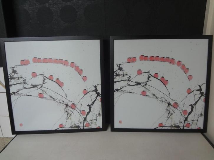 Twee bijpassende schilderijen met vogels, afmeting 53x53 cm, Huis en Inrichting, Woonaccessoires | Schilderijen, Tekeningen en Foto's