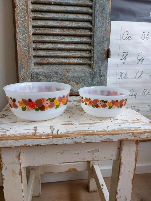 Twee melkglas schalen met retro bloemetjesrand, Antiek en Kunst, Antiek | Keukenbenodigdheden, Ophalen of Verzenden